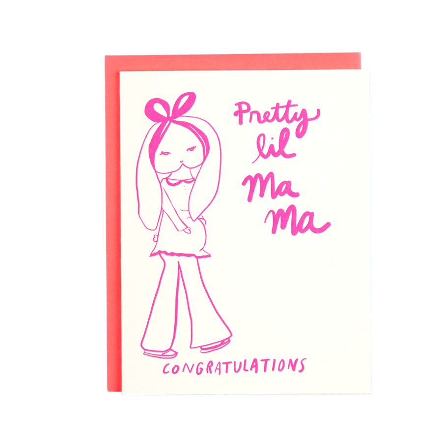 Hand Illustrated BunBun© Mama Big Bunny Head with Bow Lop Bunny ears wearing a top with collar and bell bottoms as she holds her expectant mother's belly Pretty Lil Mama Congratulations Baby Shower Card Pink Drawing on White Card includes bright pink amador envelope.
