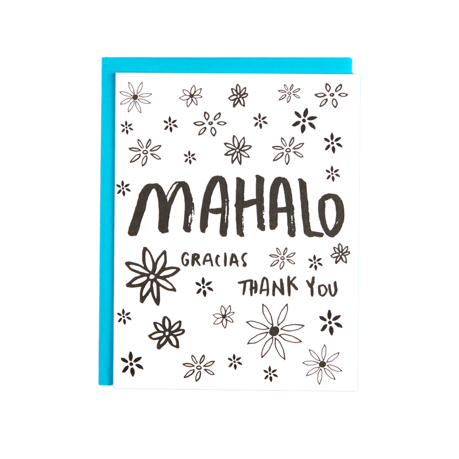 White greeting card with black hand illustrated flowers, Mahalo Card, Gracias Card, Thank you card