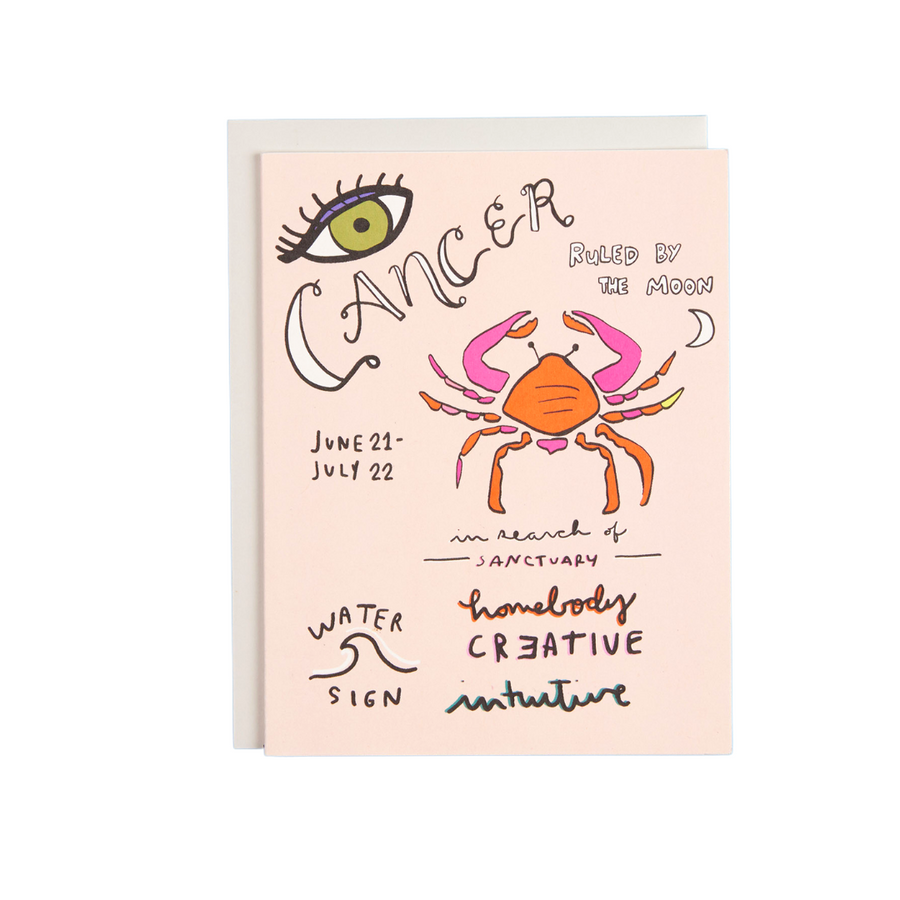 Hand Illustrated Cancer Zodiac Birthday Card Bright and Bold Pink with a Crab and Hand Lettering Cancer Ruled by the Moon In Search of Sanctuary Water Sign Intuitive Greeting Card with Grey Envelope