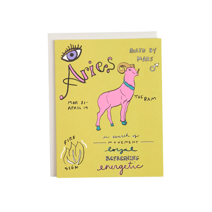 Bright Bold and Colorful Aires Birthday Card Sign of the Zodiac Ruled by Mars Hand Illustrated Greeting Card on 100% Recycled Paper