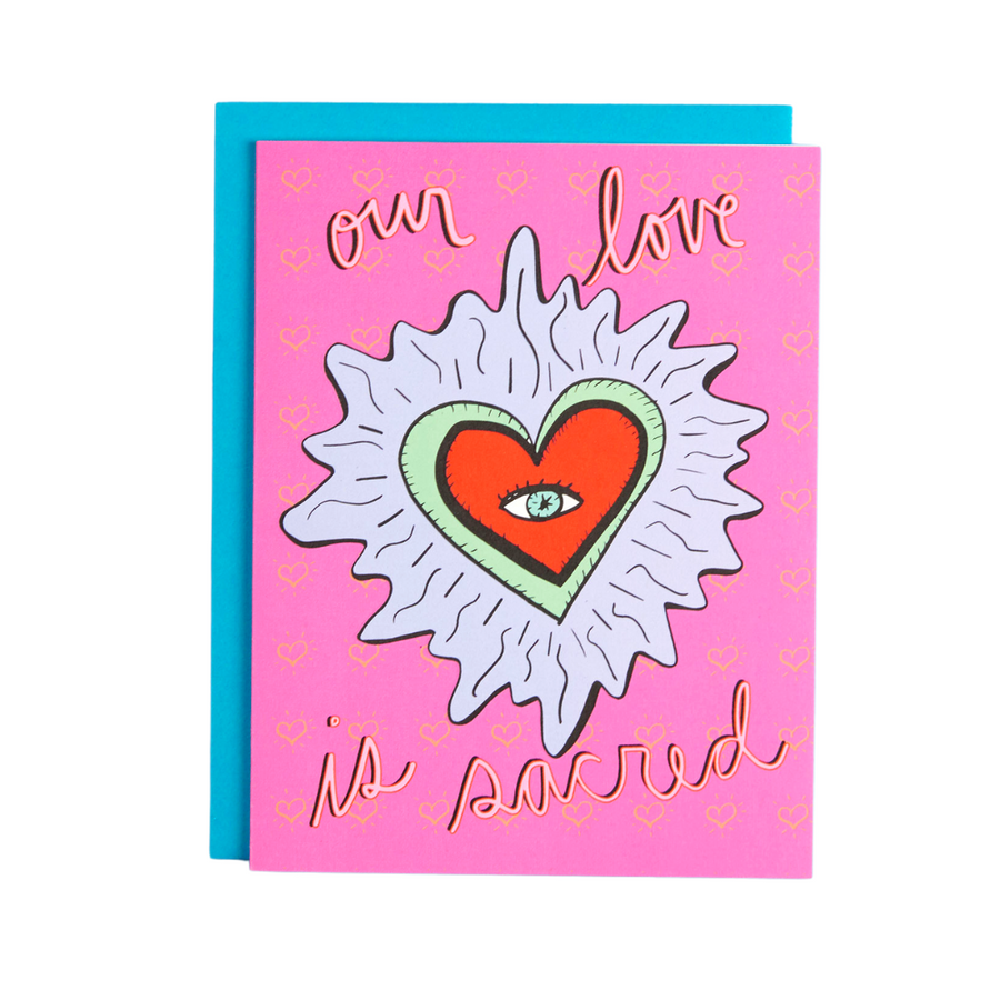 Sacred Heart Love Card Bold and Bright Pink Card with a Big heart on it comes with a teal envelope. 