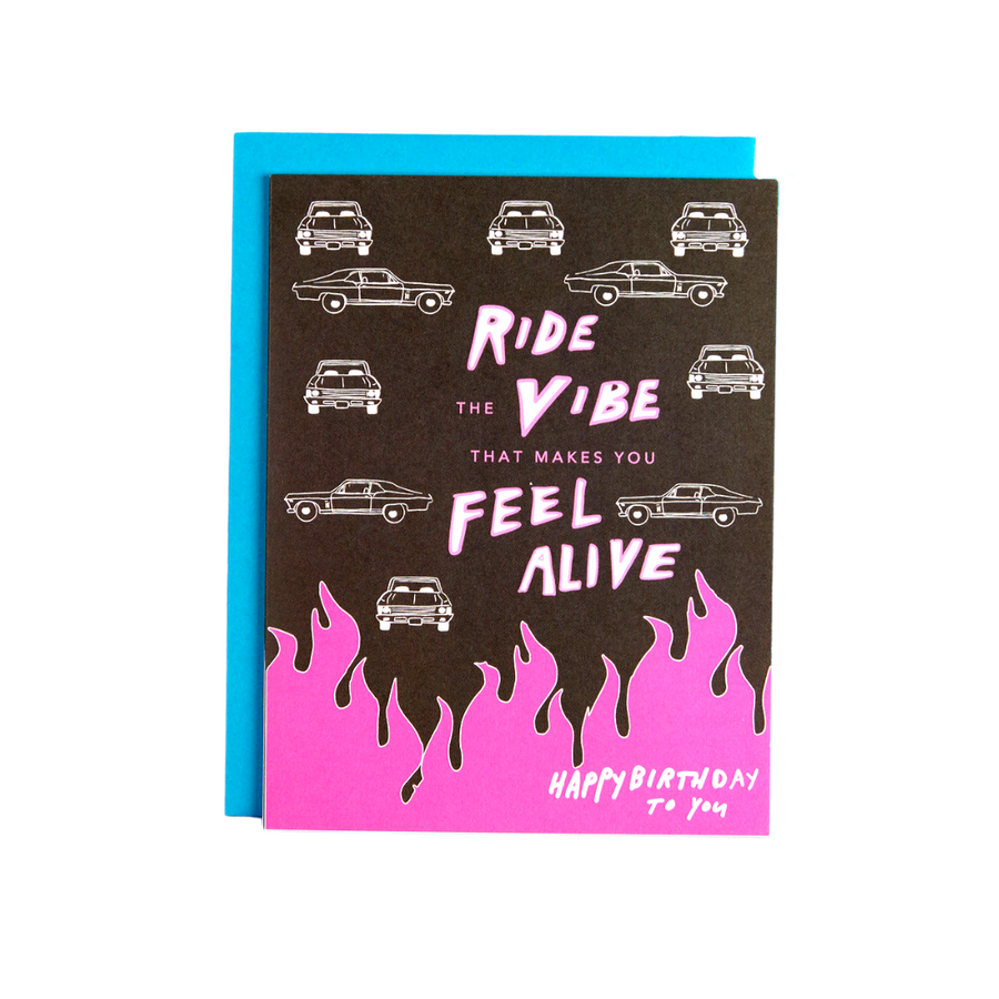 Bold and Bright Birthday Card with 1969 Chevy Nova Drawing and Flames at the Bottom, Hand Illustrated Letters Fide the Vibe that Makes You Feel Alive