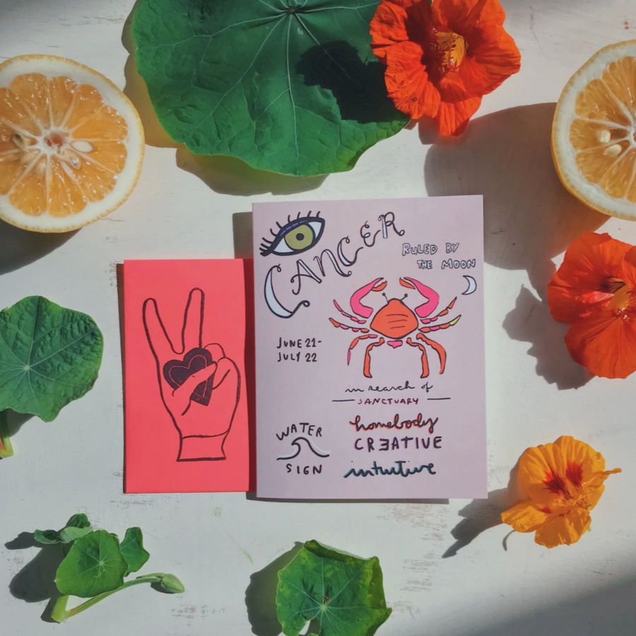 Bright Greeting card with Cancer Zodiac Design Hand Illustrated with All Seeing Eye on Top left Corner Crab in the Middle and description of Cancer Astrological Sign Pretty Birthday Card  photographed among flowers and lemons. 