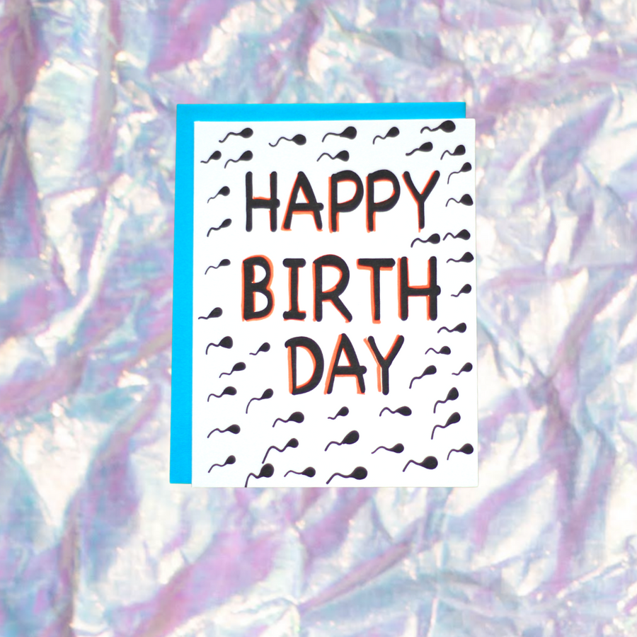 Sperm Birthday Card with Holographic paper background and teal envelope.